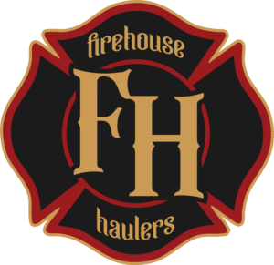 Firehouse Haulers Official Logo showing a black maltese cross with a gold a red border. Featuring "FH" in the center of the maltese cross.