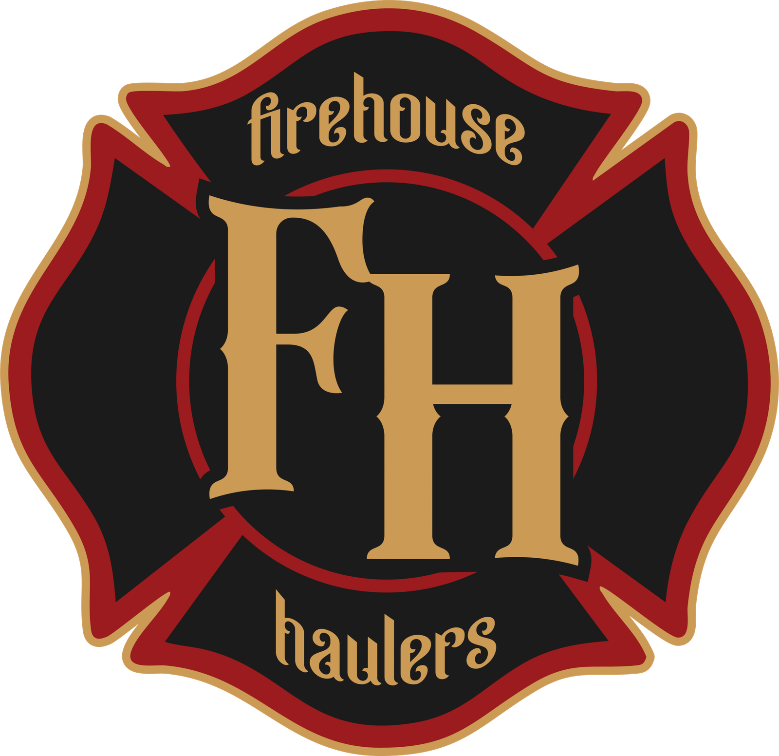 Firehouse Haulers Official Logo showing a black maltese cross with a gold a red border. Featuring "FH" in the center of the maltese cross.